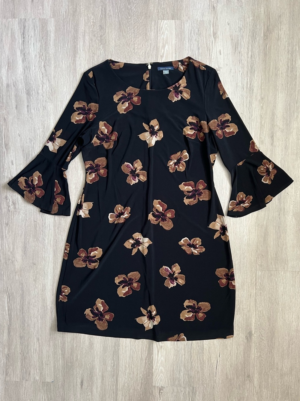 Tommy Hilfiger Tan Brown Floral Black bell-sleeve dress zip back ruffles 12